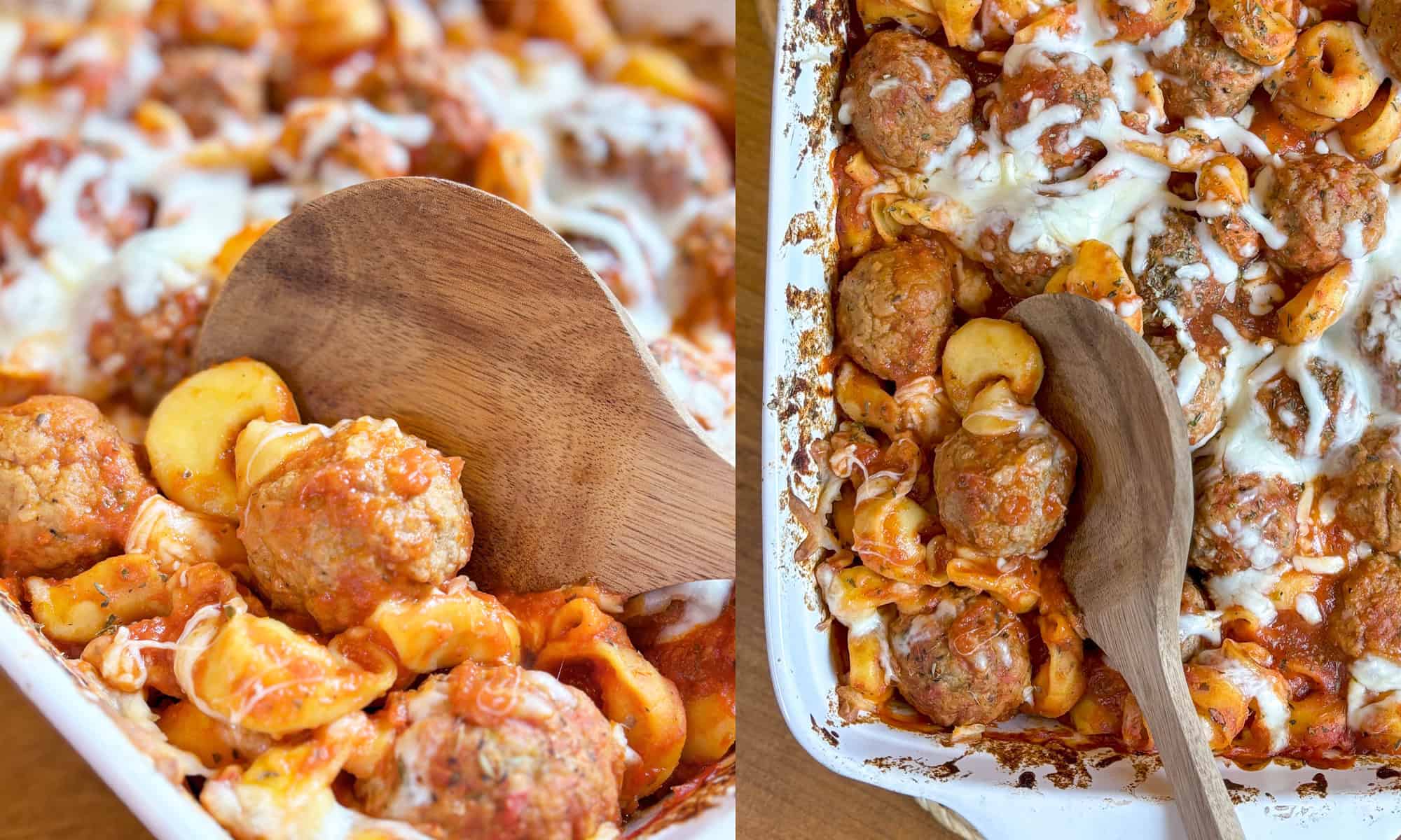 Tortellini Meatball Bake close ups showing the details
