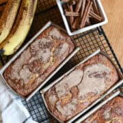 Moist banana cinnamon swirl bread on cooling rack