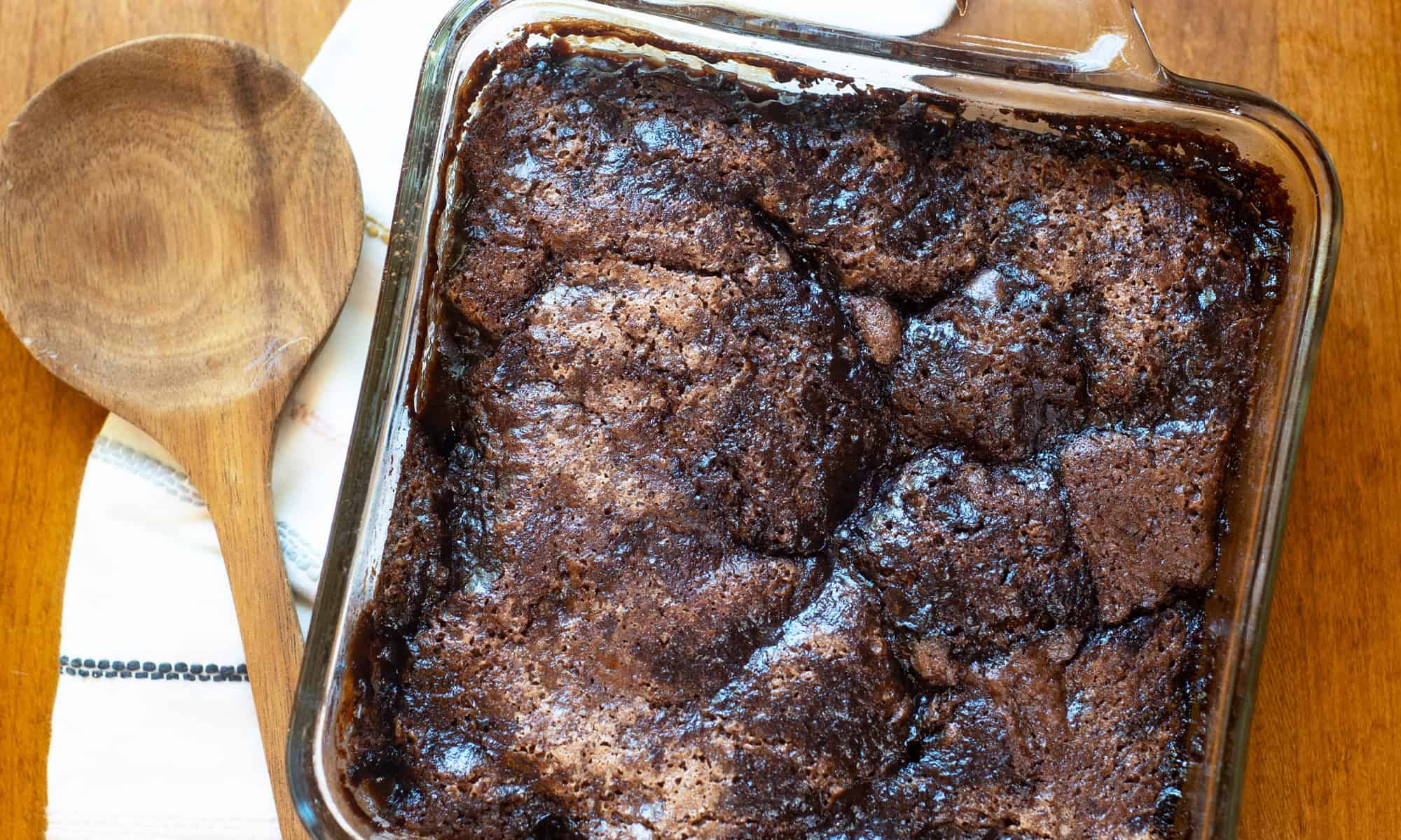 Chocolate Cobbler in a dish read to serve round up size
