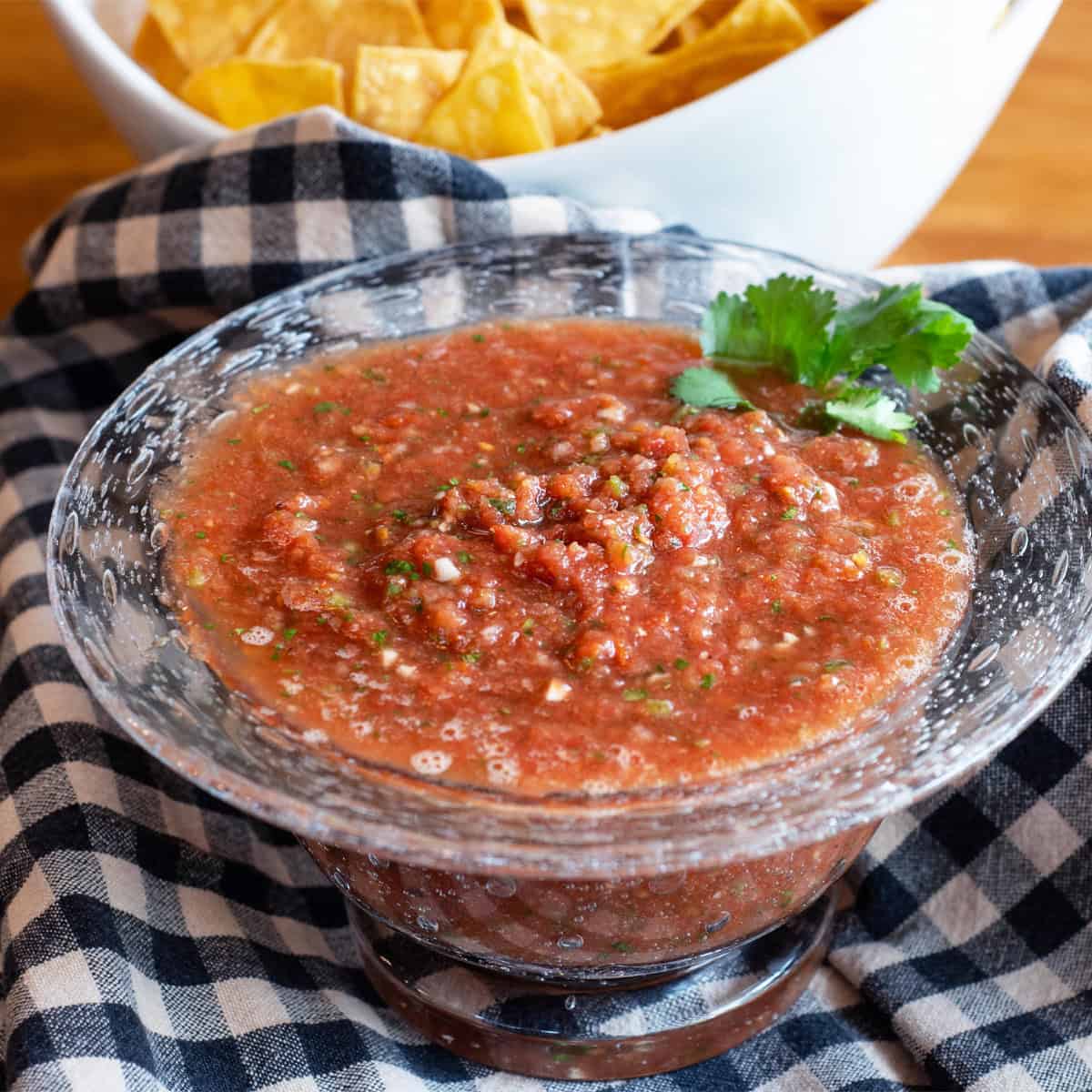 Side angle of fresh salsa in a bowl with tortilla chips on the side.