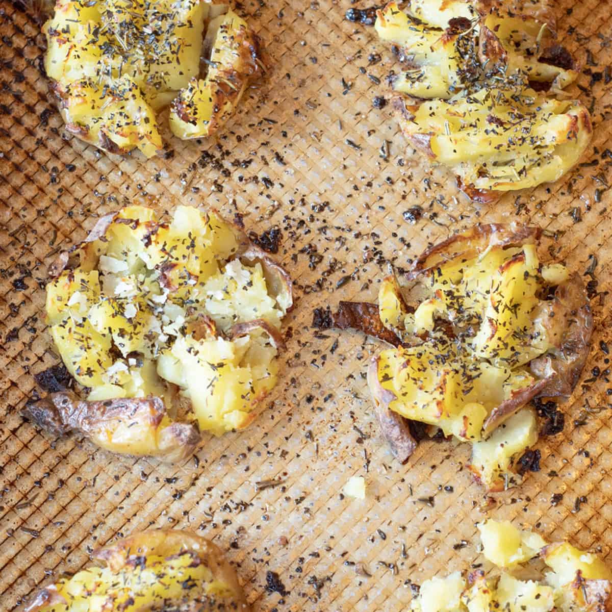 Close-up of crispy herbed smashed potatoes on a sheet pan with fresh herbs and golden edges.