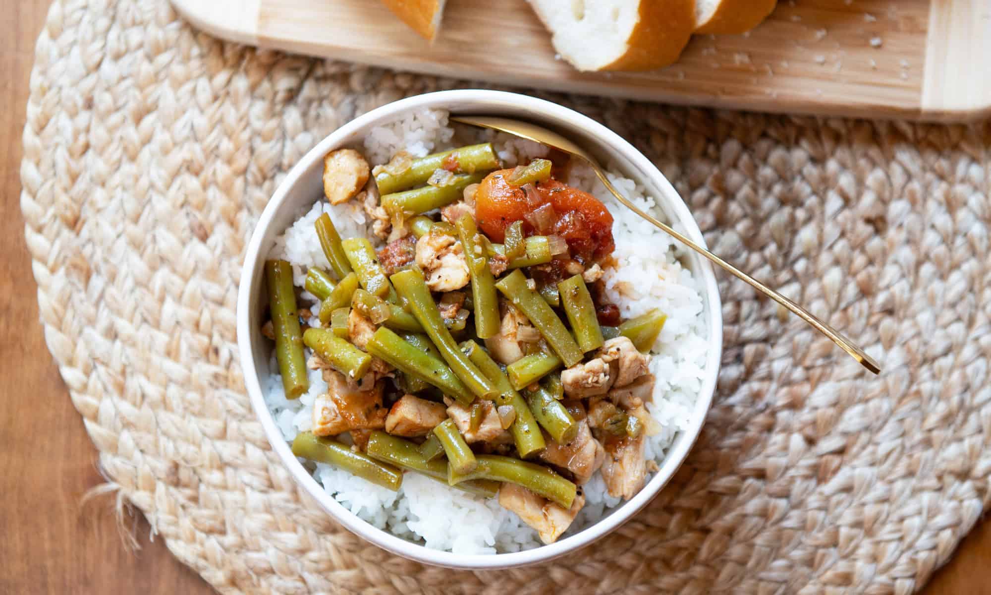 Lightened Up Creole Stew in a white bowl Round Up Size