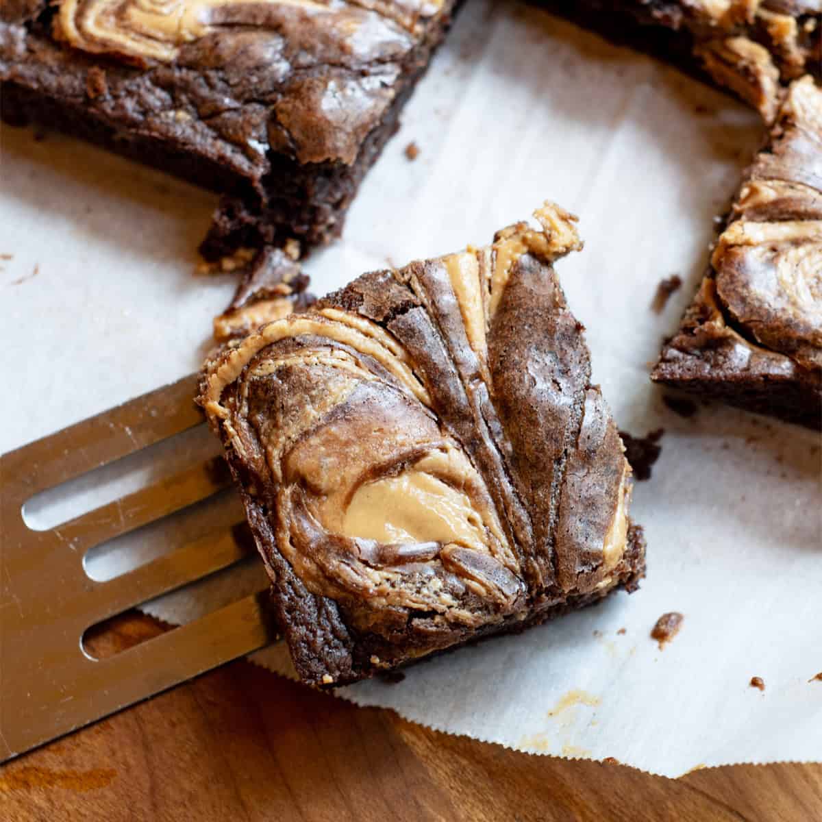 Homemade peanut butter swirl brownies cut into squares