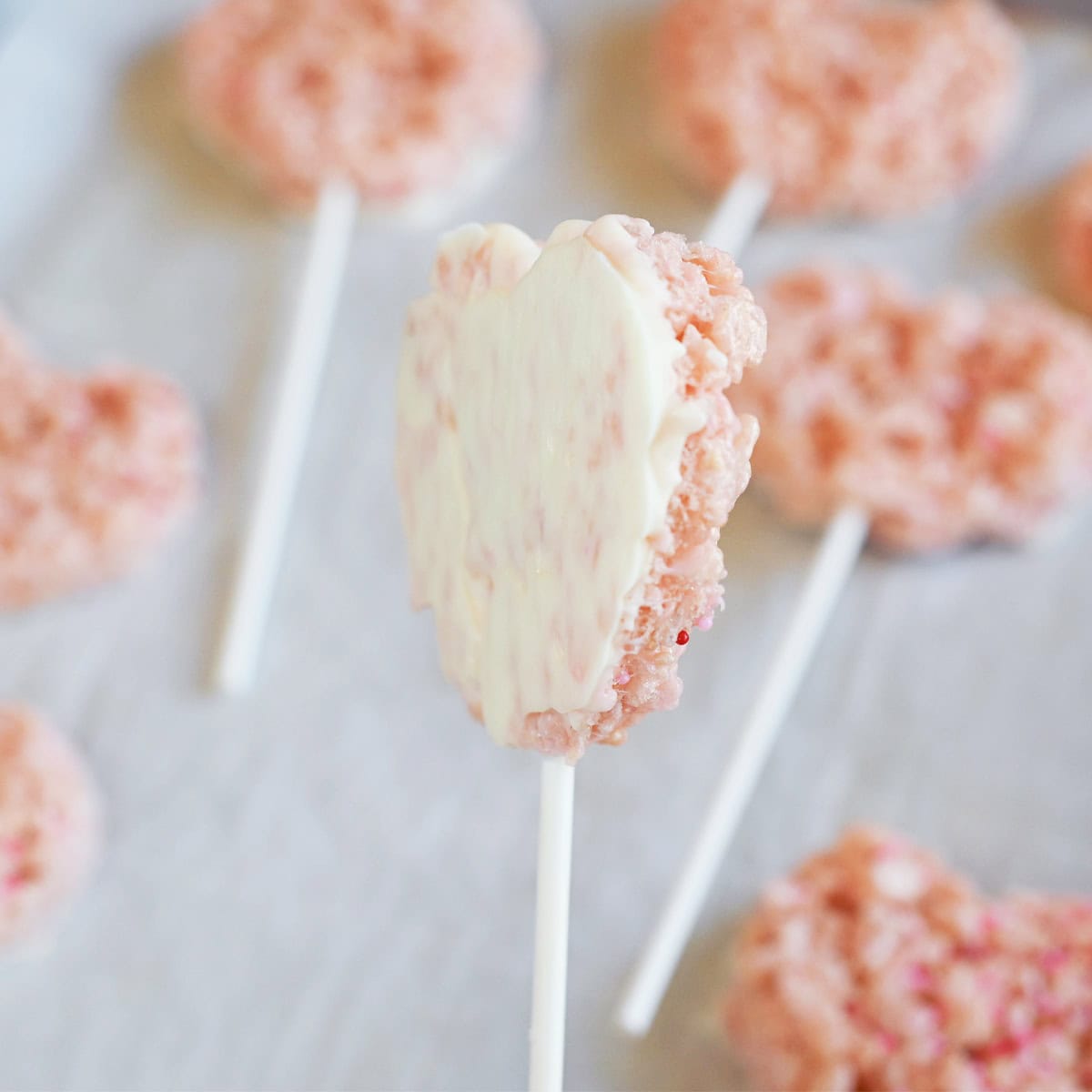 Valentine Rice Krispie Treat Heart with white chocolate coated on the bottom