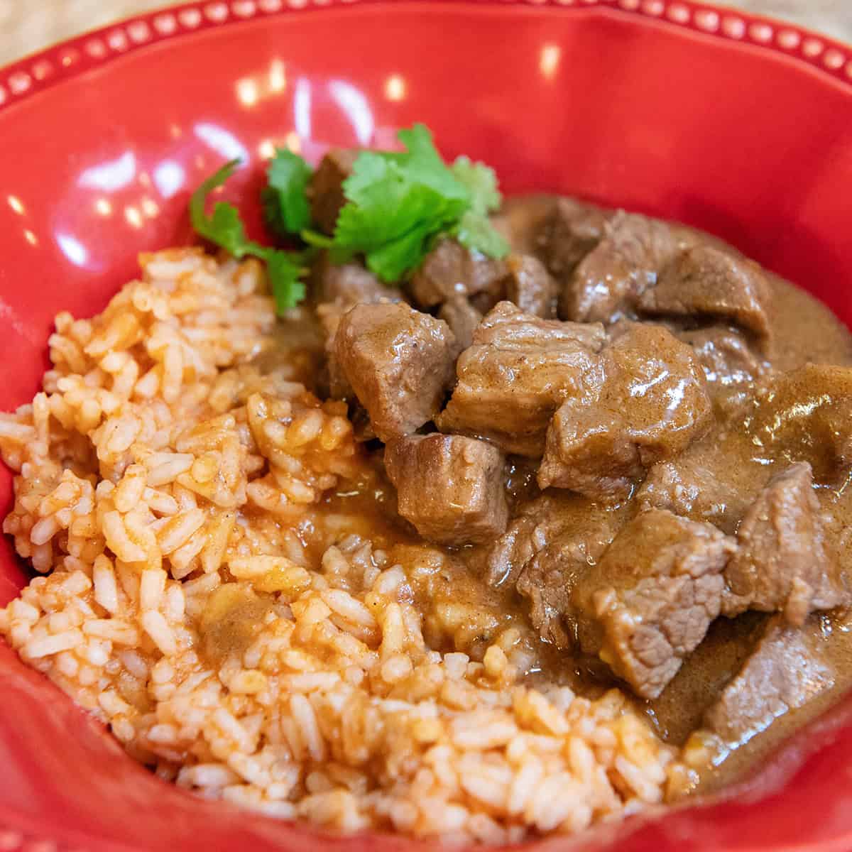 Carne guisada served in a red bowl with tender beef in rich brown gravy alongside Spanish rice and warm tortillas.