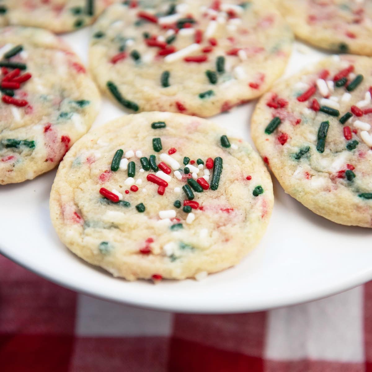Close-up of a Christmas Funfetti cookie with colorful sprinkles