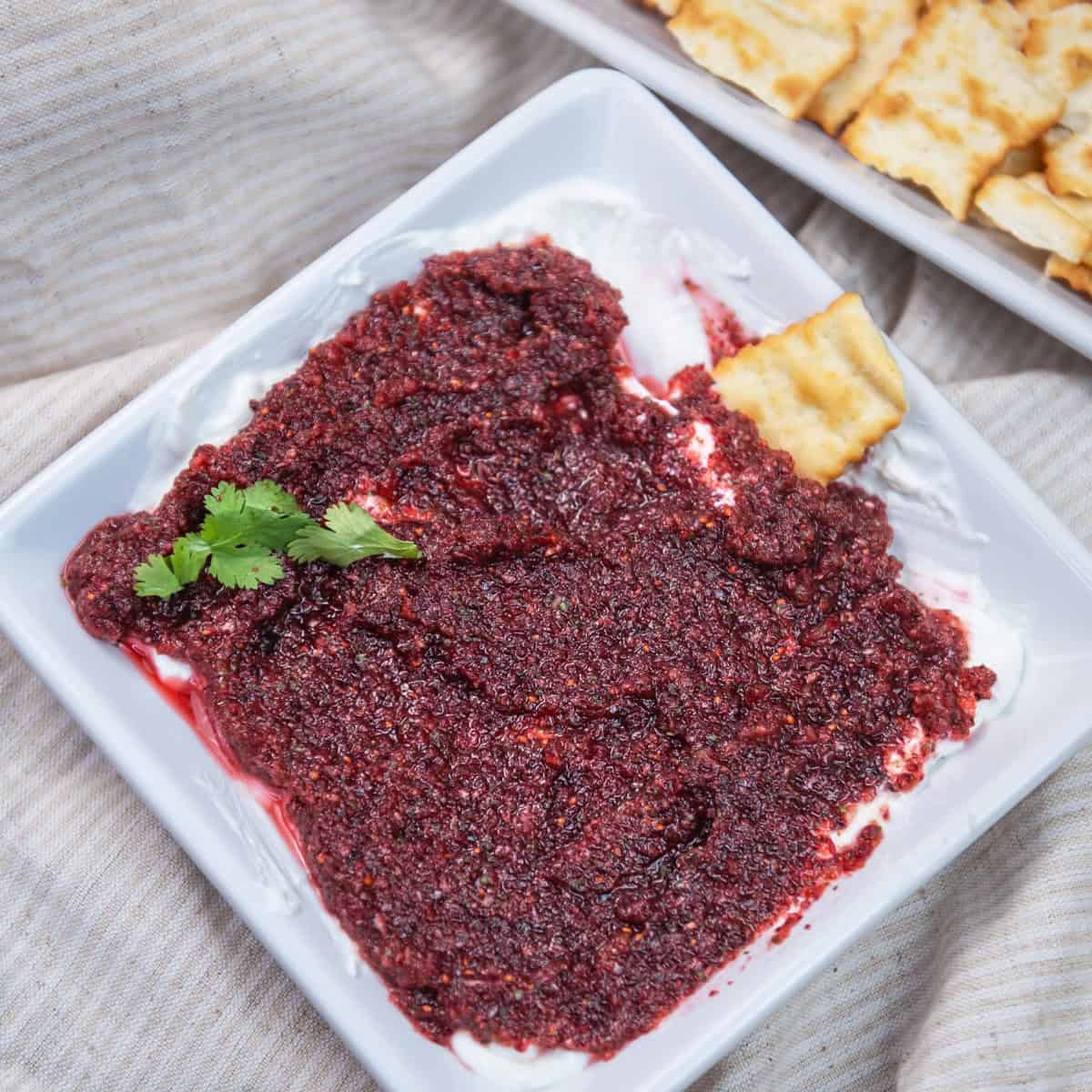 Cranberry salsa layered over cream cheese and served with crackers on a platter