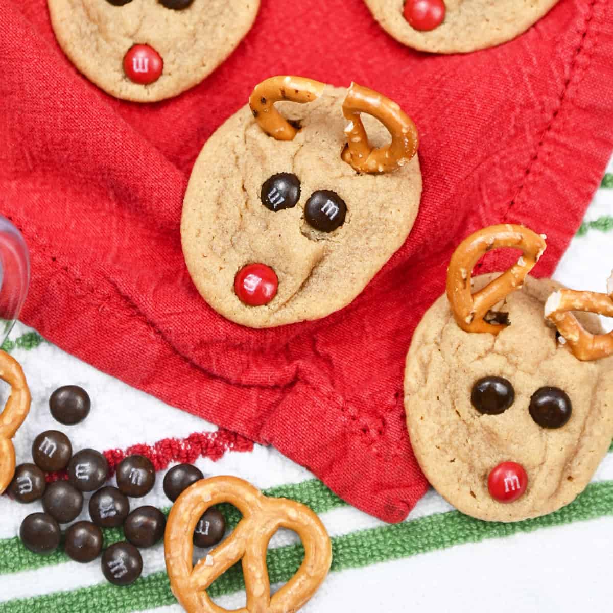 Two zoomed-in reindeer cookies on a red background showing detailed decoration.