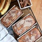 Moist banana cinnamon swirl bread on cooling rack