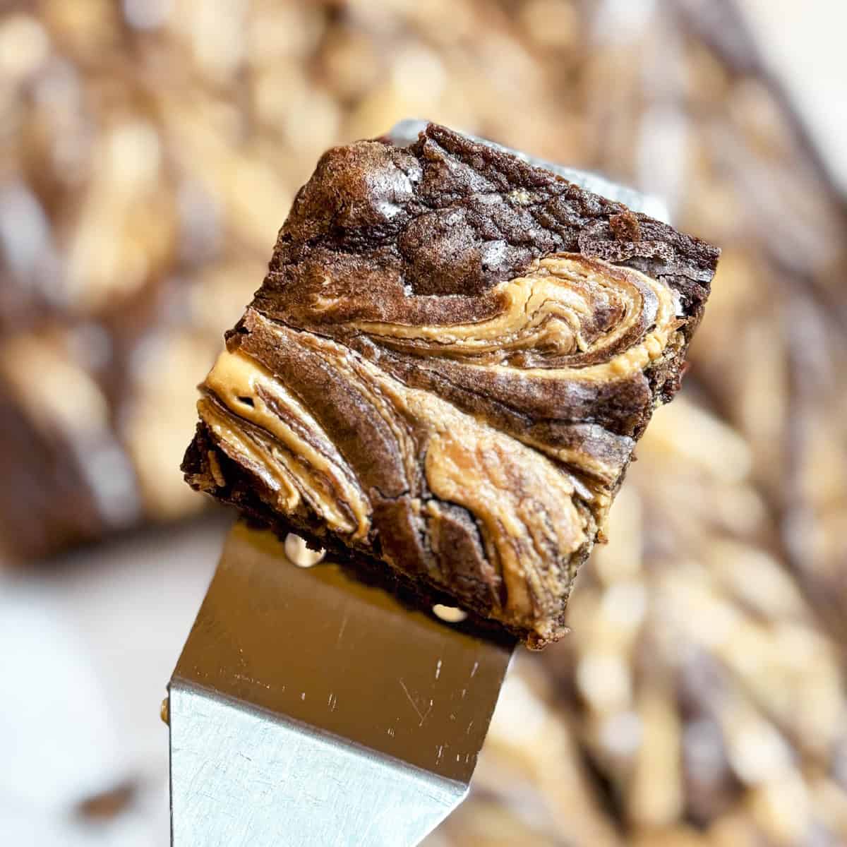 Peanut Butter Swirl Brownies on a spatula