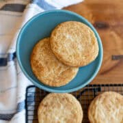 Close-up of two snickerdoodle cookies on a blue serving platter.