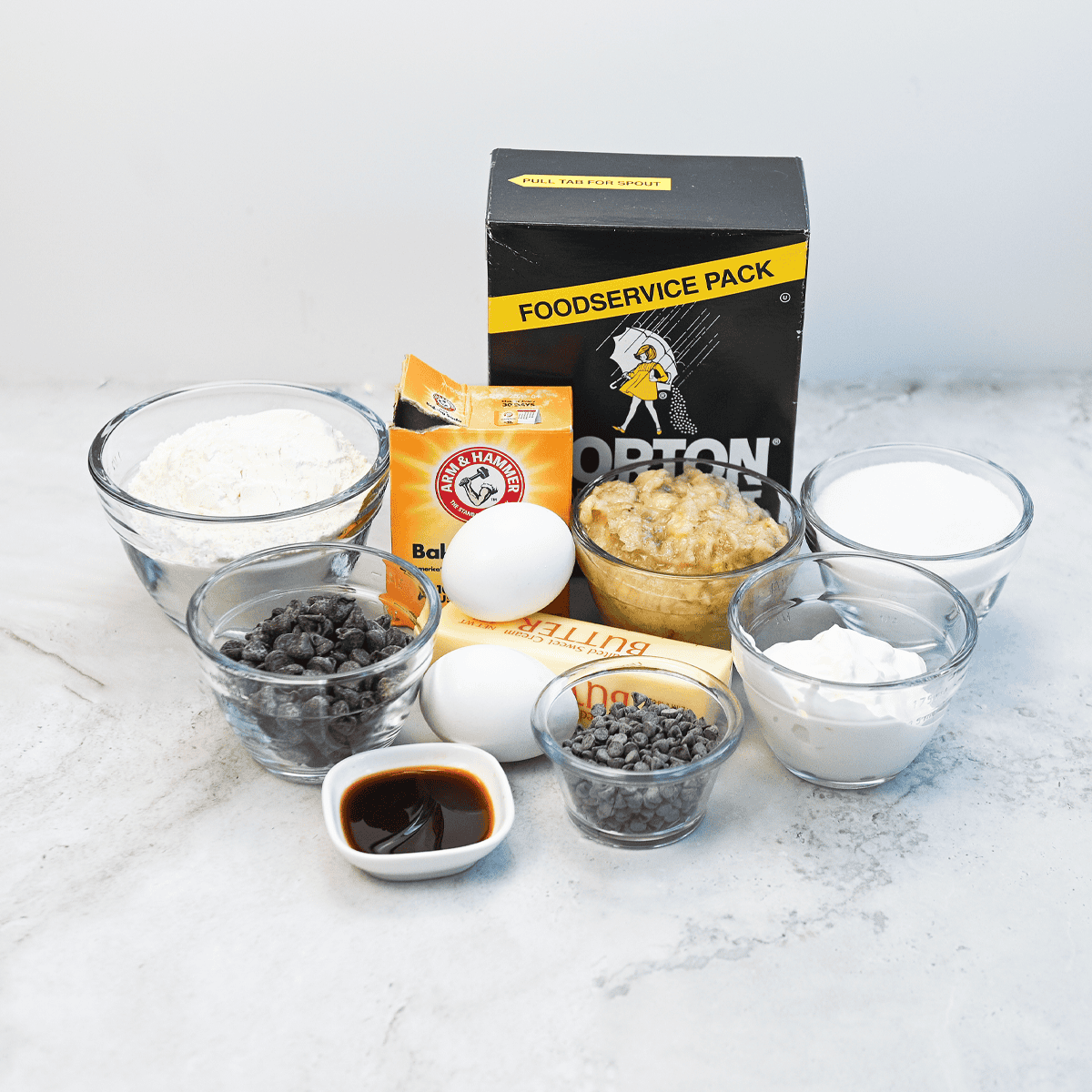Ingredients needed for Banana Chocolate Chip Muffins