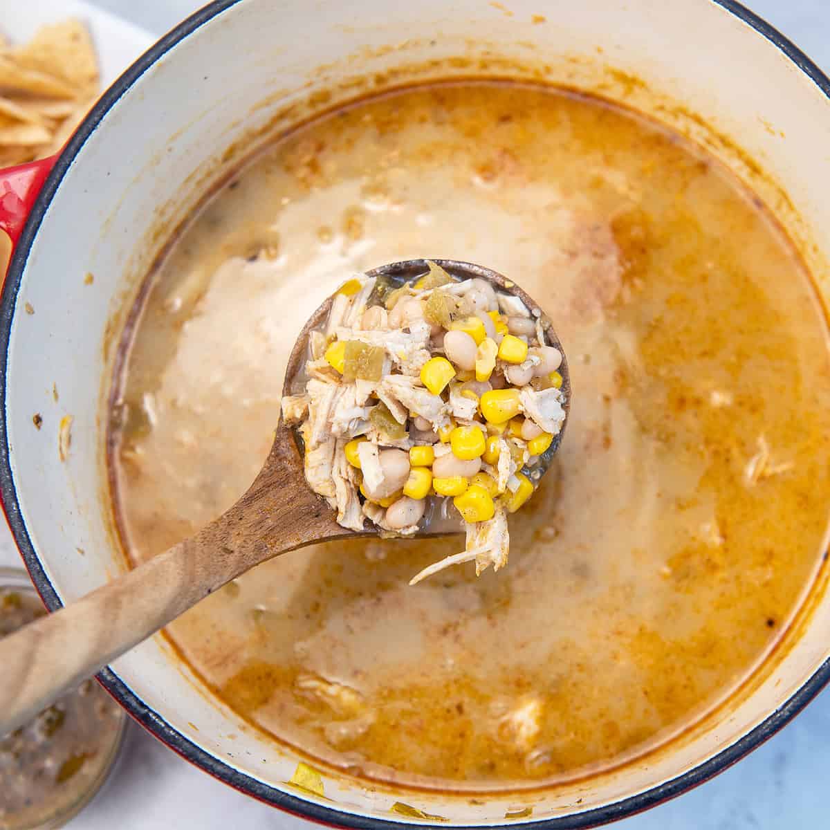 Ladle filled with chicken chile soup showing chicken, corn, beans, and green chiles.