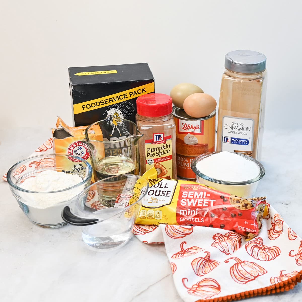 Ingredients for mini pumpkin chocolate chip muffins