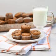 Platter of mini pumpkin chocolate chip muffins with a glass of milk in the background.