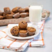 Plate of mini pumpkin chocolate chip muffins with a glass of milk in the background.