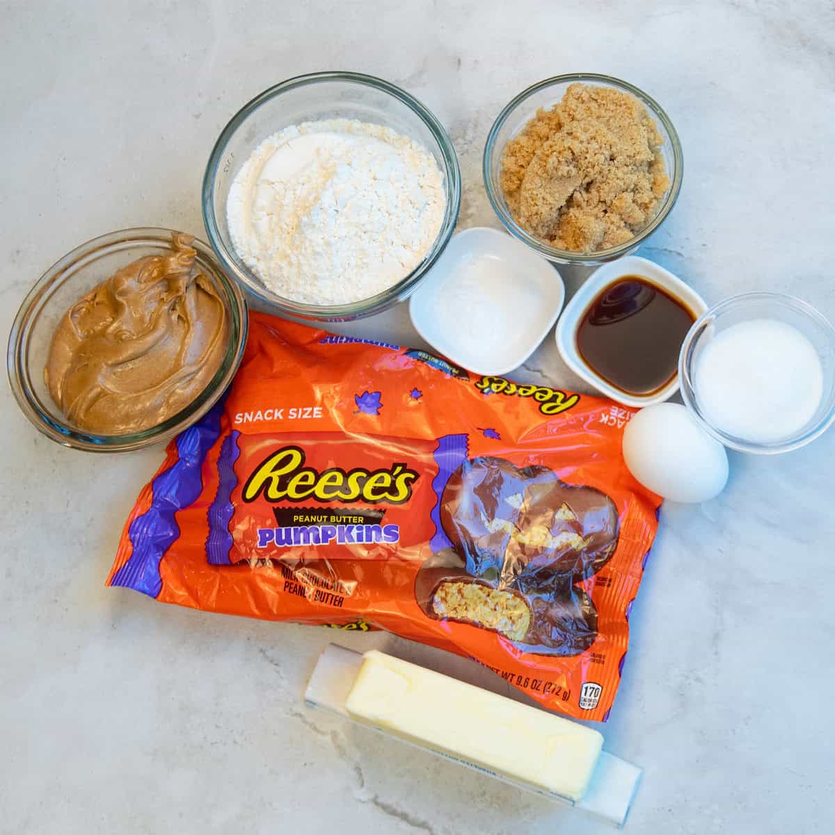 Ingredients laid our and ready to bake Halloween Reeses Cookies