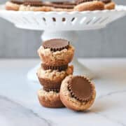 Stack of peanut butter cup cookies showing the chocolate peanut butter cup centers.