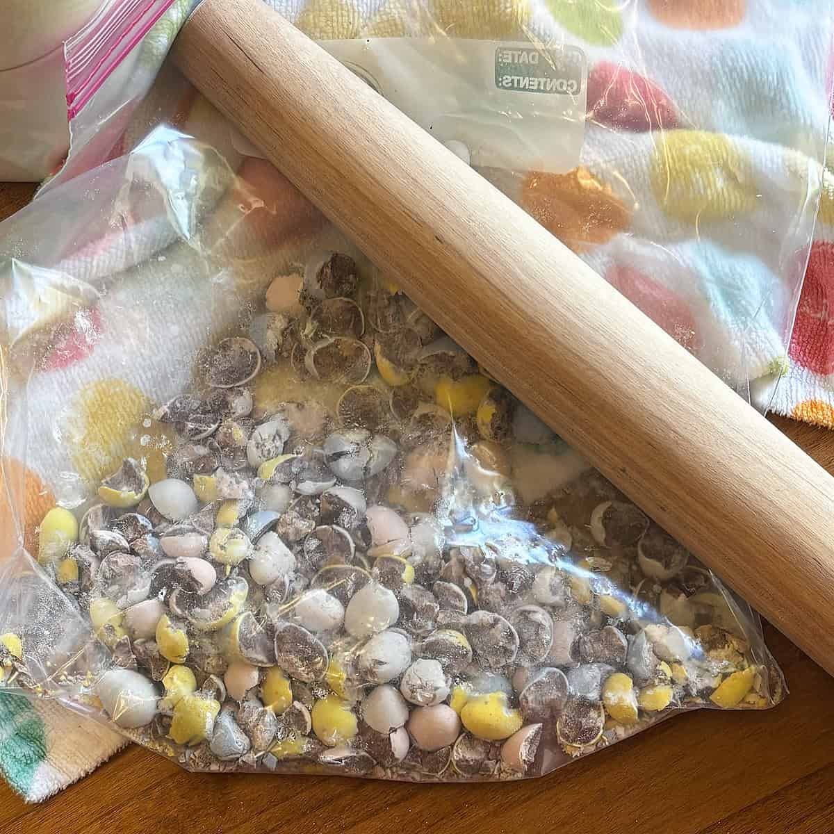 Bag of crushed mini Cadbury eggs used for Cadbury Egg cookie bars.