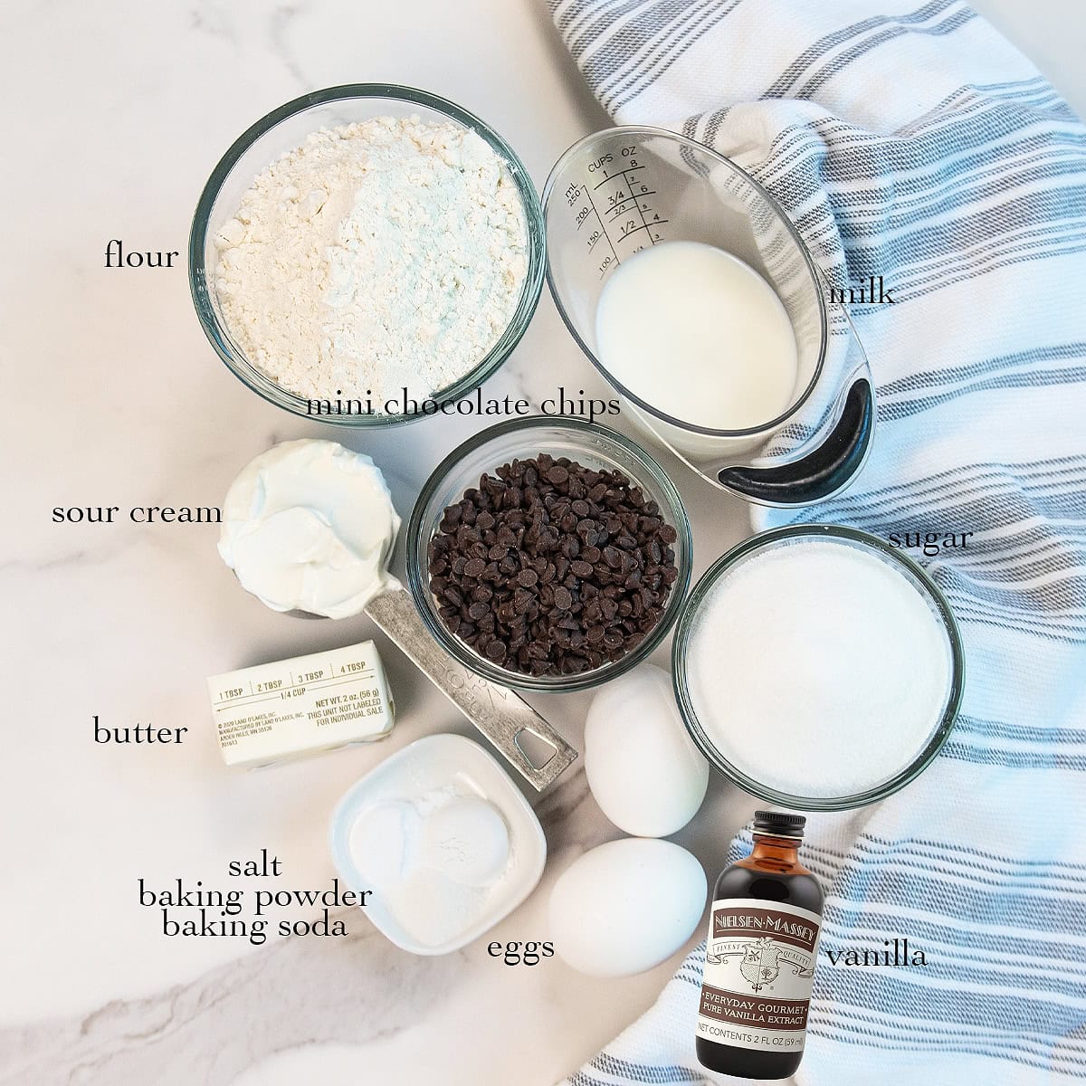 Ingredients for chocolate chip muffins including flour, sugar, eggs, milk, butter, and chocolate chips