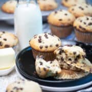 Chocolate chip muffins on a plate ready to serve