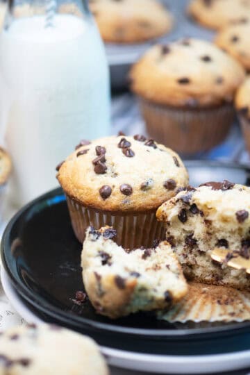 Chocolate chip muffins on a plate ready to serve